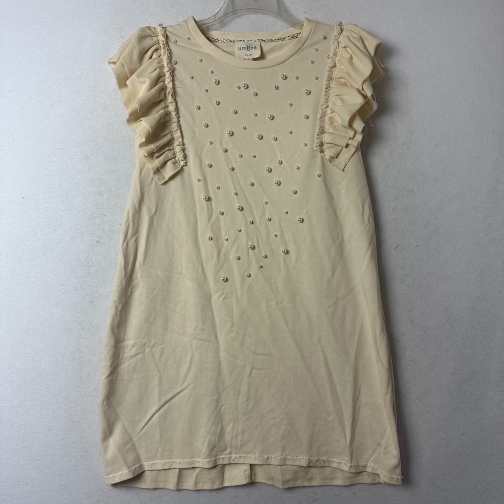 Umgee Cream Pearl Embellished Ruffle Sleeve Mini Dress Womens Small K8815 Boho